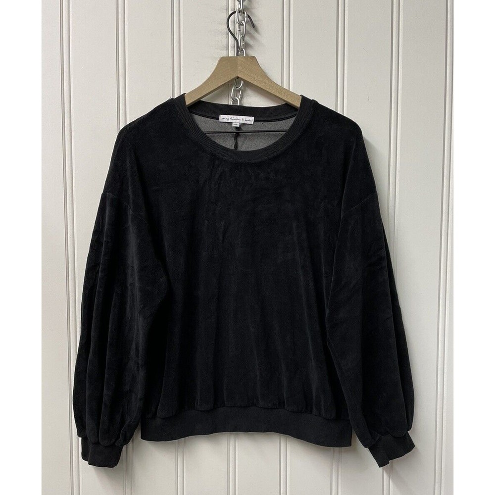 YOUNG FABULOUS & BROKE Black Velour Balloon Sleeve‎ Crewneck Sweater Size Medium